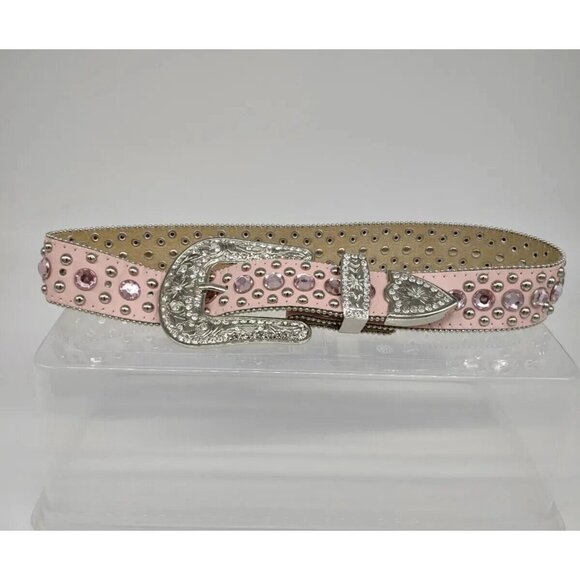 BHW XS LEATHER WESTERN COWGIRL BELT Rhinestones Rodeo Princess Bling Pink Silver - Picture 9 of 9